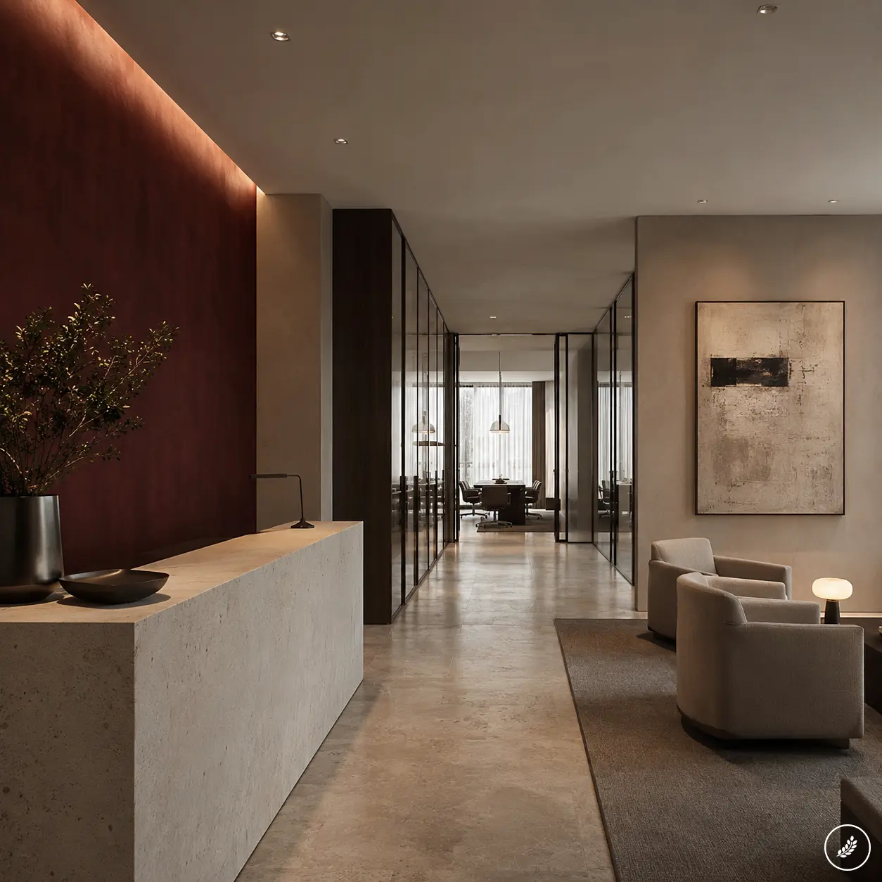 514c7422-3440-41b9-9401-fb50c73287cc Minimalist modern office lobby with stone reception desk, neutral seating, abstract art and glass-walled conference room | Sky Rye Design Minimalist modern office lobby with stone reception desk, neutral seating, abstract art and glass-walled conference room