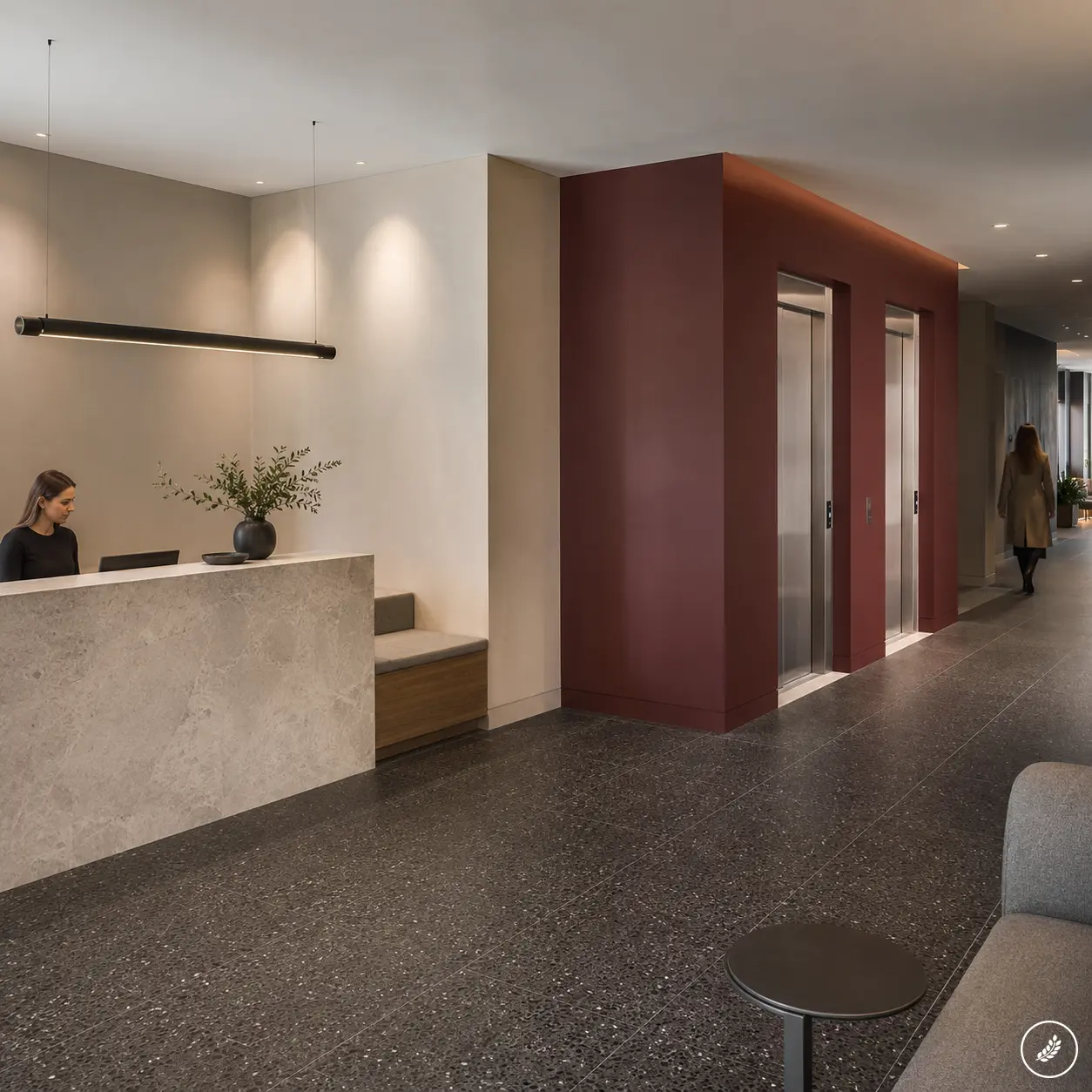 989ebd8f-5dd3-400f-9d21-9406951ccd48 Modern hotel lobby with stone reception desk, receptionist, two stainless steel elevators and dark terrazzo floor | Sky Rye Design Modern hotel lobby with stone reception desk, receptionist, two stainless steel elevators and dark terrazzo floor