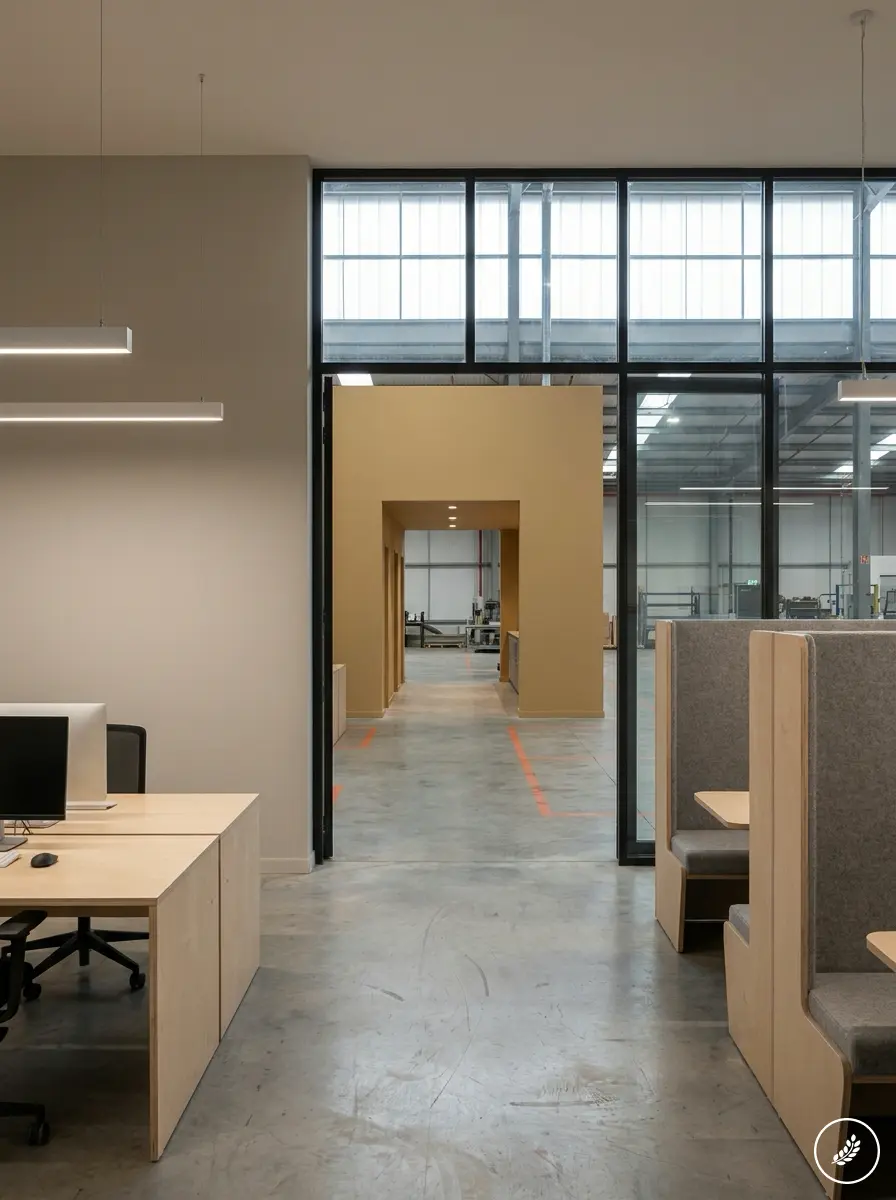 Industrial_company_headquarters__202608010049 Modern industrial office interior with open desks, grey booths, concrete floor and corridor leading to warehouse | Sky Rye Design Modern industrial office interior with open desks, grey booths, concrete floor and corridor leading to warehouse