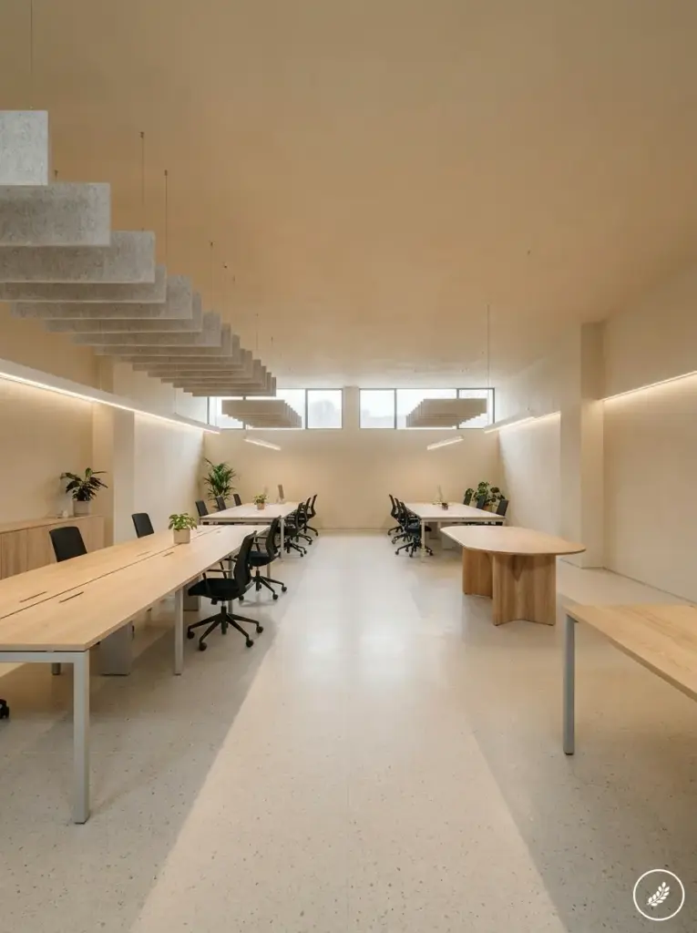 Office_interior_pale_mineral_pal_202608010039 Minimalist open office with long natural wood desks, ergonomic black chairs, indoor plants and suspended acoustic panels | Sky Rye Design Minimalist open office with long natural wood desks, ergonomic black chairs, indoor plants and suspended acoustic panels