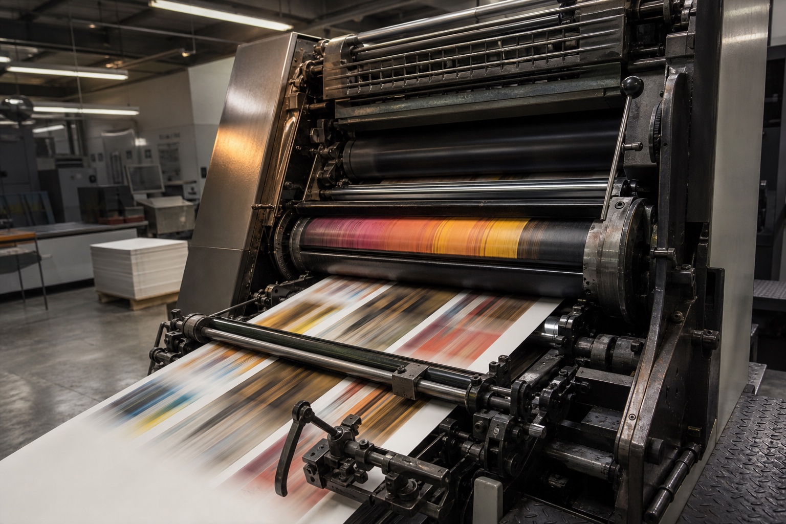 Printing press mid-run Offset printing press running a fresh sheet through ink rollers. | Sky Rye Design Offset printing press running a fresh sheet through ink rollers.