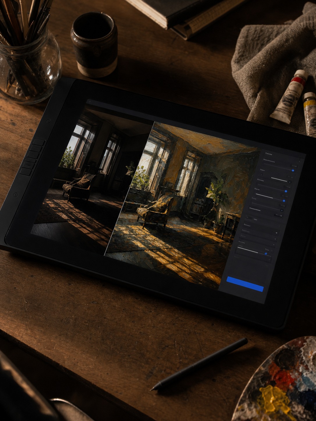 A dramatic interior photo converted to an oil-painting style image on a design tablet.