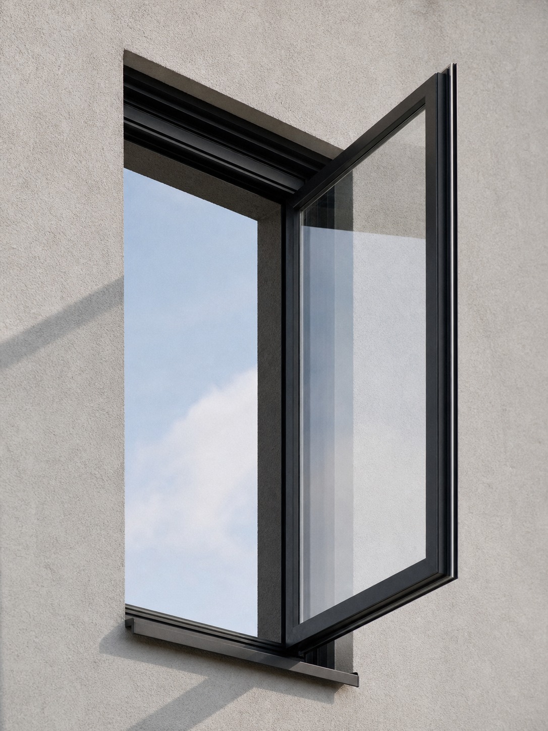 Modern casement window fully open against a plaster wall, showing clean single-pane geometry and a minimal frame.