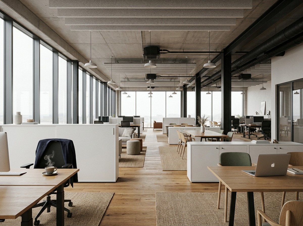 Office: flexible floorplate and daylight Open office floorplate with daylight from floor-to-ceiling glazing and flexible desk layouts. | Sky Rye Design Open office floorplate with daylight from floor-to-ceiling glazing and flexible desk layouts.