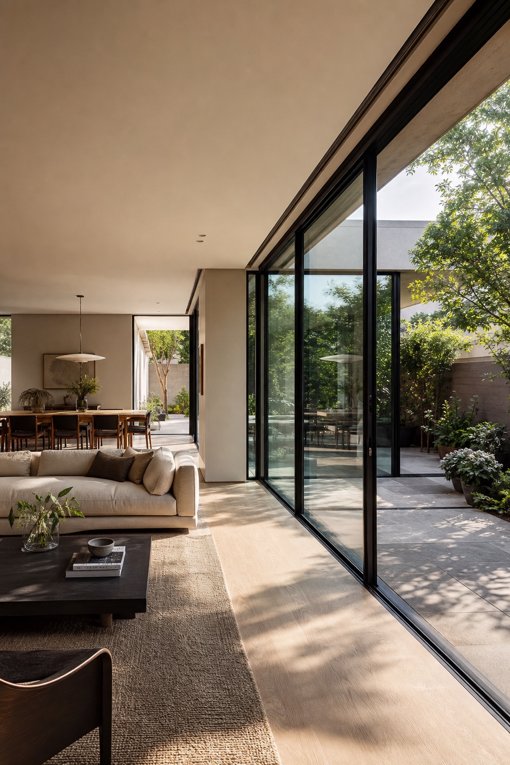 Open-plan modern home with floor-to-ceiling glass Open-plan modern home interior with floor-to-ceiling glass doors and garden terrace | Sky Rye Design Open-plan modern home interior with floor-to-ceiling glass doors and garden terrace