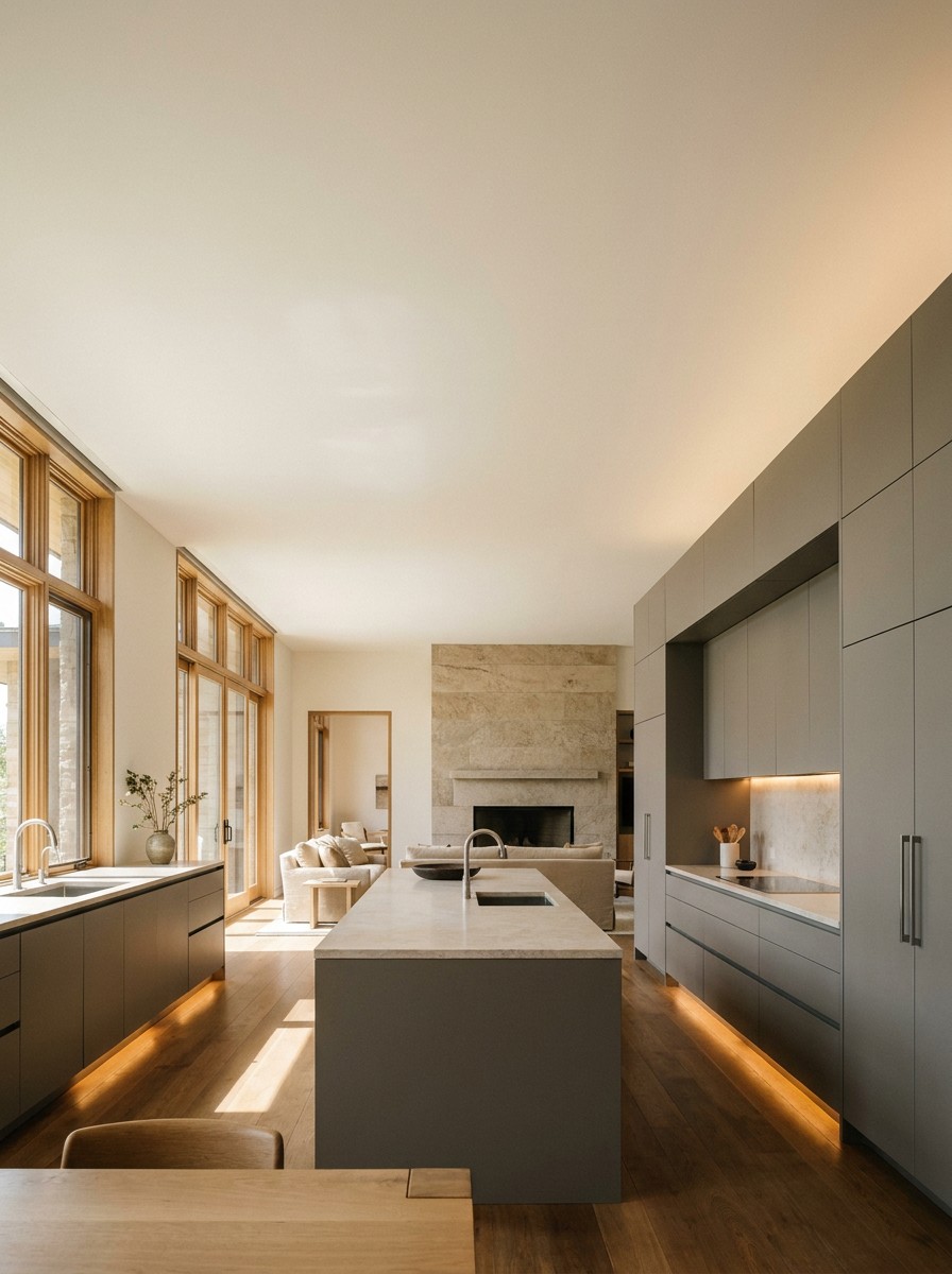Open-plan kitchen with uninterrupted flat ceiling plane and minimalist cabinetry