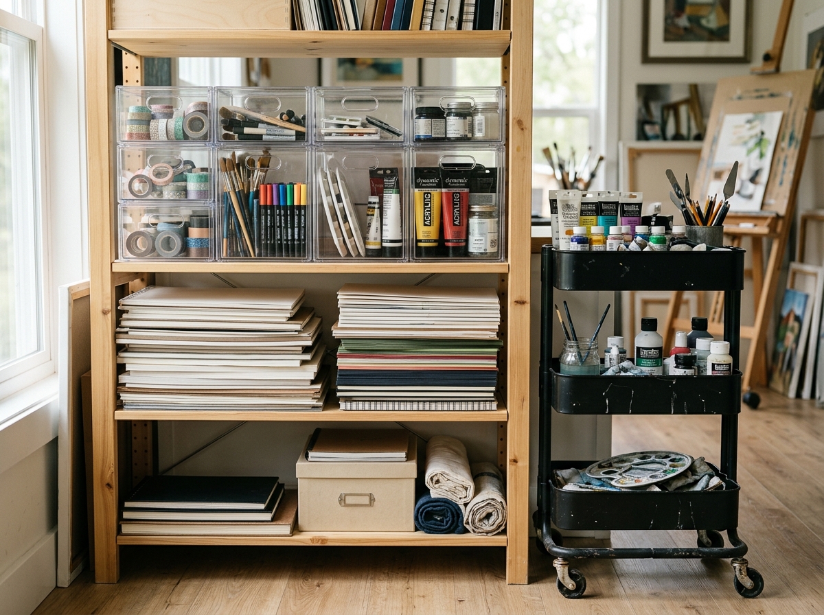 Organized Art Studio Storage System An organized art studio storage setup featuring clear acrylic bins, paper rolls on wooden shelves, and a rolling metal cart filled with paints. | Sky Rye Design An organized art studio storage setup featuring clear acrylic bins, paper rolls on wooden shelves, and a rolling metal cart filled with paints.