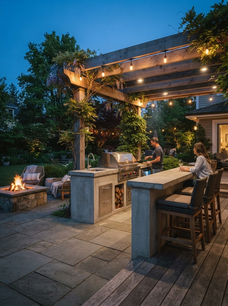 Outdoor Kitchen Area Cooking Counter and Lighting Luxury backyard outdoor cooking and grill counter with modern ambient deck lighting under a pergola at twilight. | Sky Rye Design Luxury backyard outdoor cooking and grill counter with modern ambient deck lighting under a pergola at twilight.