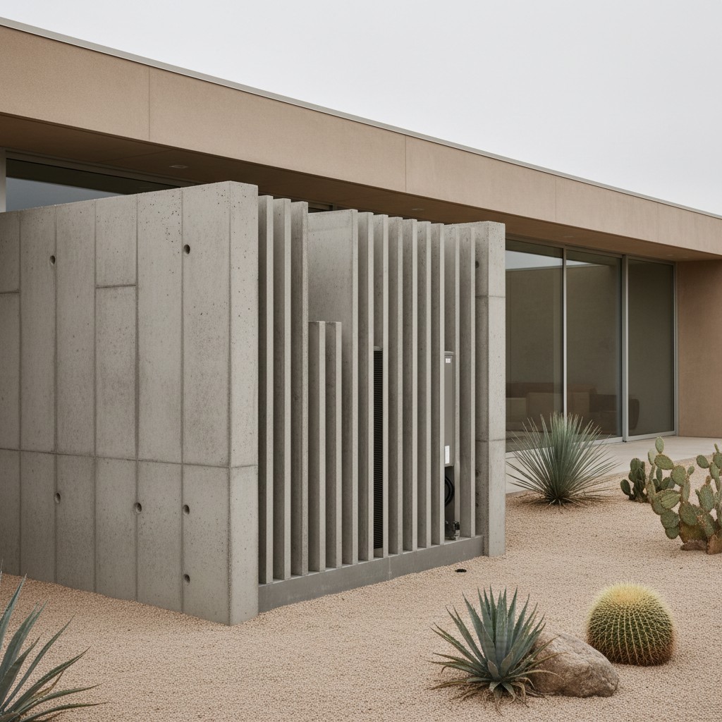 Outdoor Heat Pump Screen Wall Concealment Outdoor heat pump unit concealed behind concrete screen wall | Sky Rye Design Outdoor heat pump unit concealed behind concrete screen wall