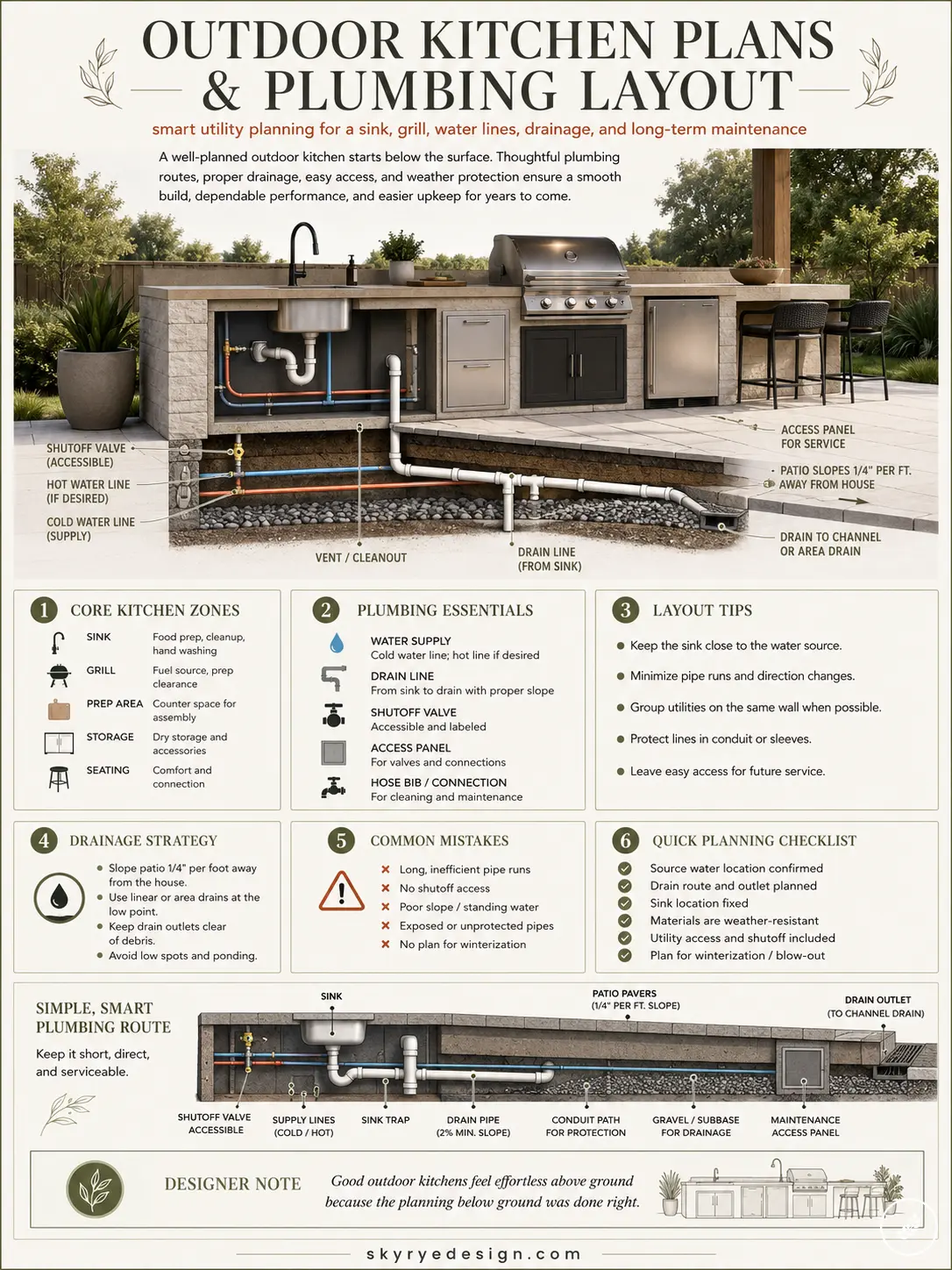 c1a5f3be-3c20-4507-aeb8-93ead4962aa3 Outdoor kitchen plans and plumbing layout infographic showing sink, grill, water supply, drain lines, access panel and tips | Sky Rye Design Outdoor kitchen plans and plumbing layout infographic showing sink, grill, water supply, drain lines, access panel and tips