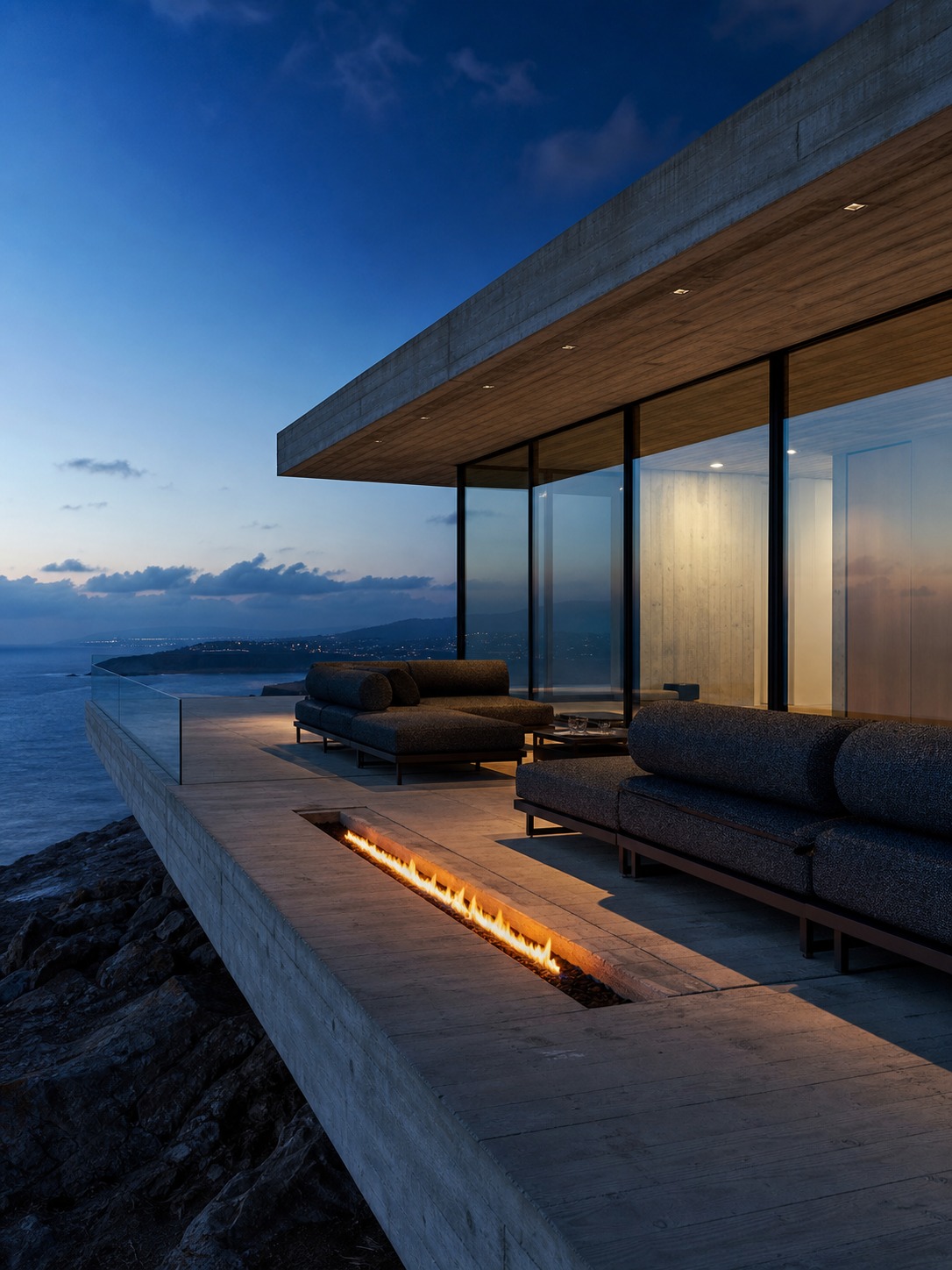 Outdoor living room on a cantilevered concrete deck Minimalist outdoor living room on a cantilevered concrete deck with charcoal seating and a linear fire feature at blue hour | Sky Rye Design Minimalist outdoor living room on a cantilevered concrete deck with charcoal seating and a linear fire feature at blue hour