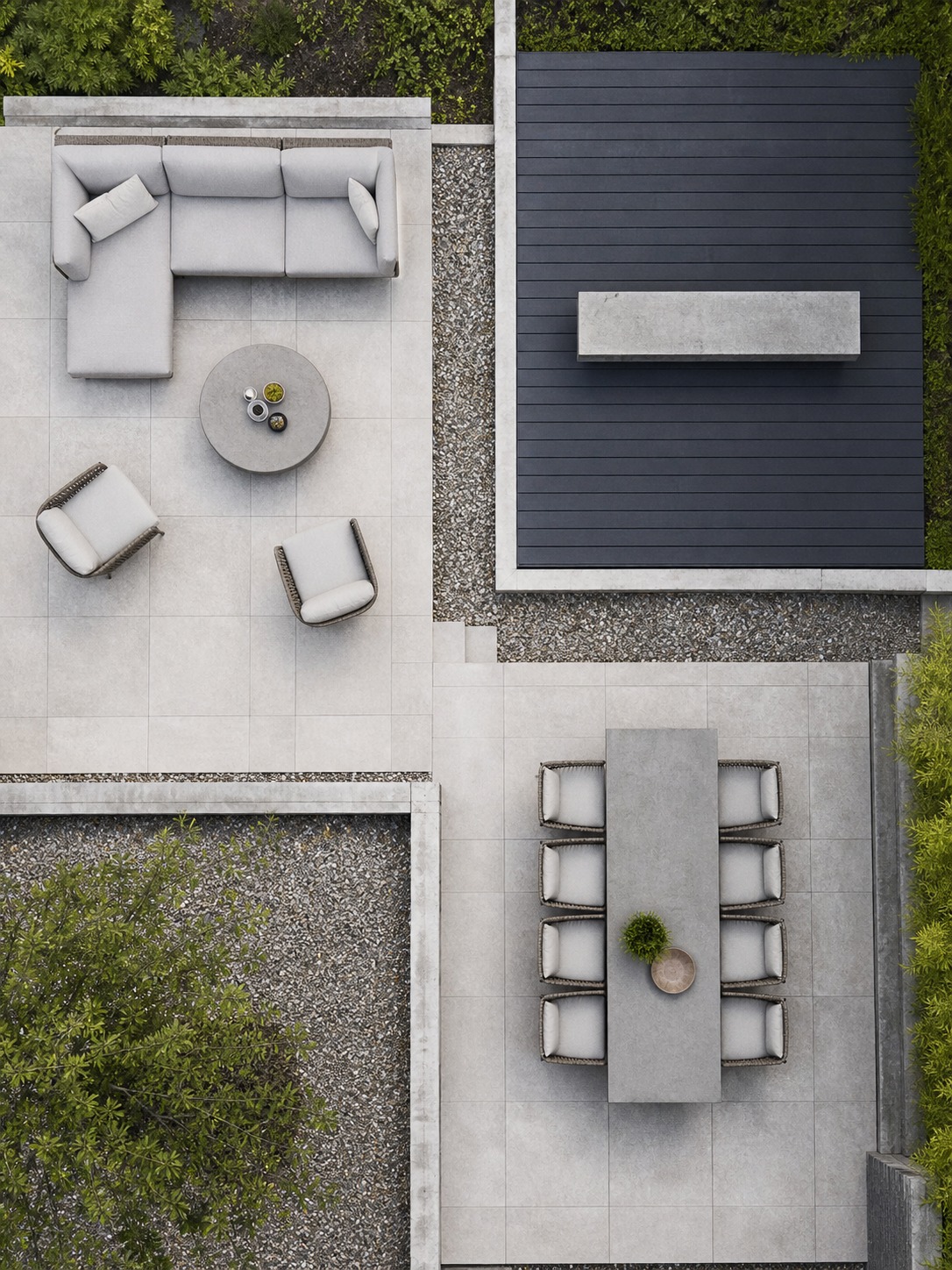 Geometric outdoor living room deck zones Overhead view of a modern backyard with separate lounge, dining, and bench zones on geometric deck platforms | Sky Rye Design Overhead view of a modern backyard with separate lounge, dining, and bench zones on geometric deck platforms