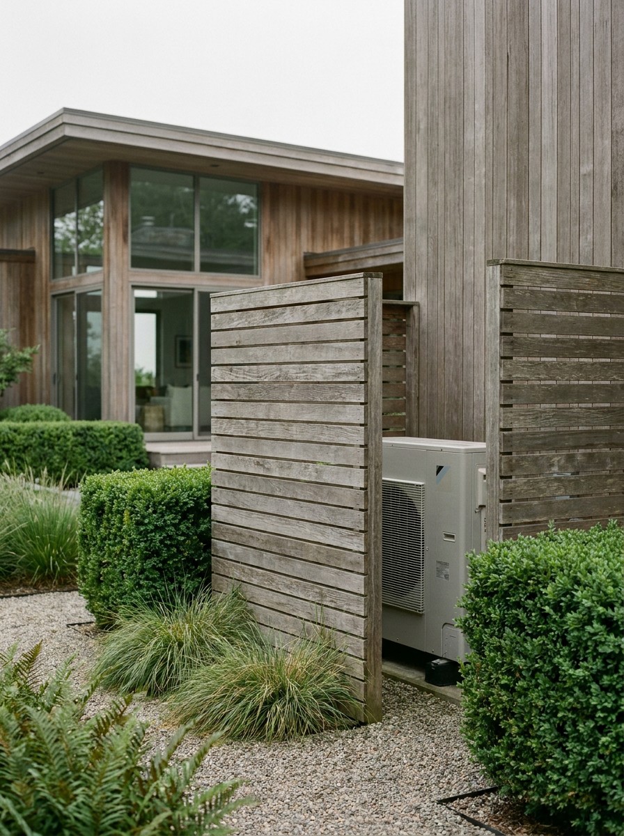 Outdoor mini split compressor unit placed discreetly behind a wooden horizontal slat privacy screen