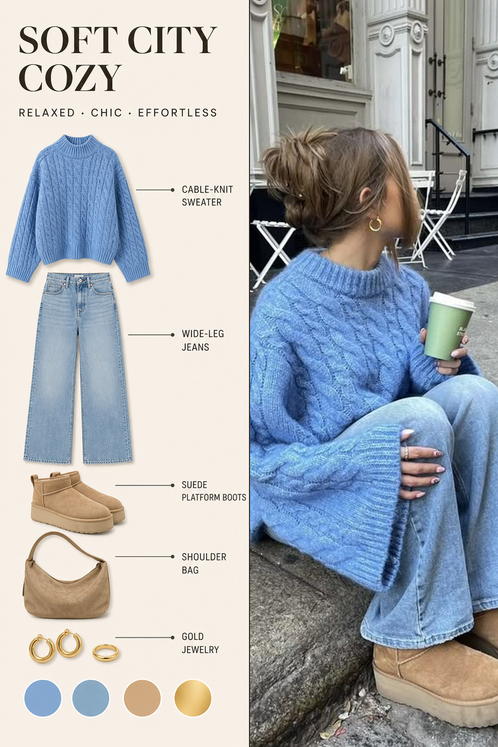 Oversized Sweater Outfit Infographic 01 Two-panel oversized sweater outfit infographic with blue cable-knit sweater, wide-leg jeans, tan platform boots, and the original street style photo. | Sky Rye Design Two-panel oversized sweater outfit infographic with blue cable-knit sweater, wide-leg jeans, tan platform boots, and the original street style photo.
