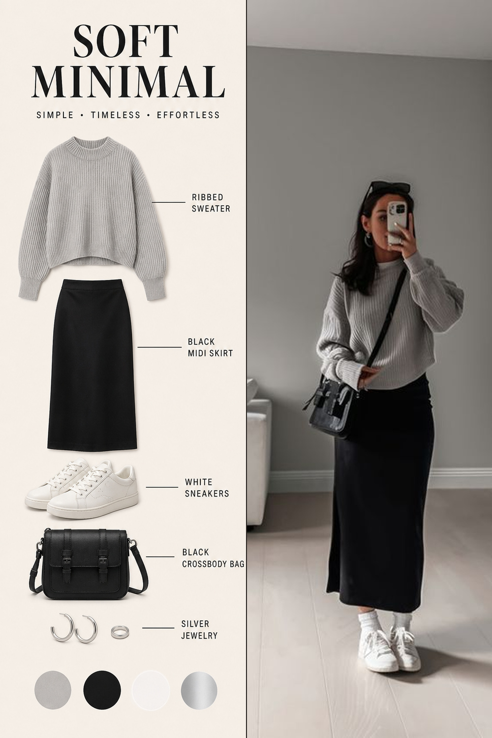 Oversized Sweater Outfit Infographic 02 Two-panel oversized sweater outfit infographic with gray ribbed sweater, black midi skirt, white sneakers, crossbody bag, and the original mirror outfit photo. | Sky Rye Design Two-panel oversized sweater outfit infographic with gray ribbed sweater, black midi skirt, white sneakers, crossbody bag, and the original mirror outfit photo.