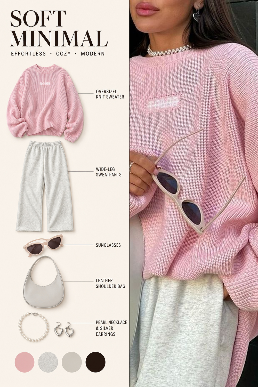 Oversized Sweater Outfit Infographic 03 Two-panel oversized sweater outfit infographic with pink knit sweater, pale wide-leg sweatpants, sunglasses, shoulder bag, and the original casual outfit photo. | Sky Rye Design Two-panel oversized sweater outfit infographic with pink knit sweater, pale wide-leg sweatpants, sunglasses, shoulder bag, and the original casual outfit photo.