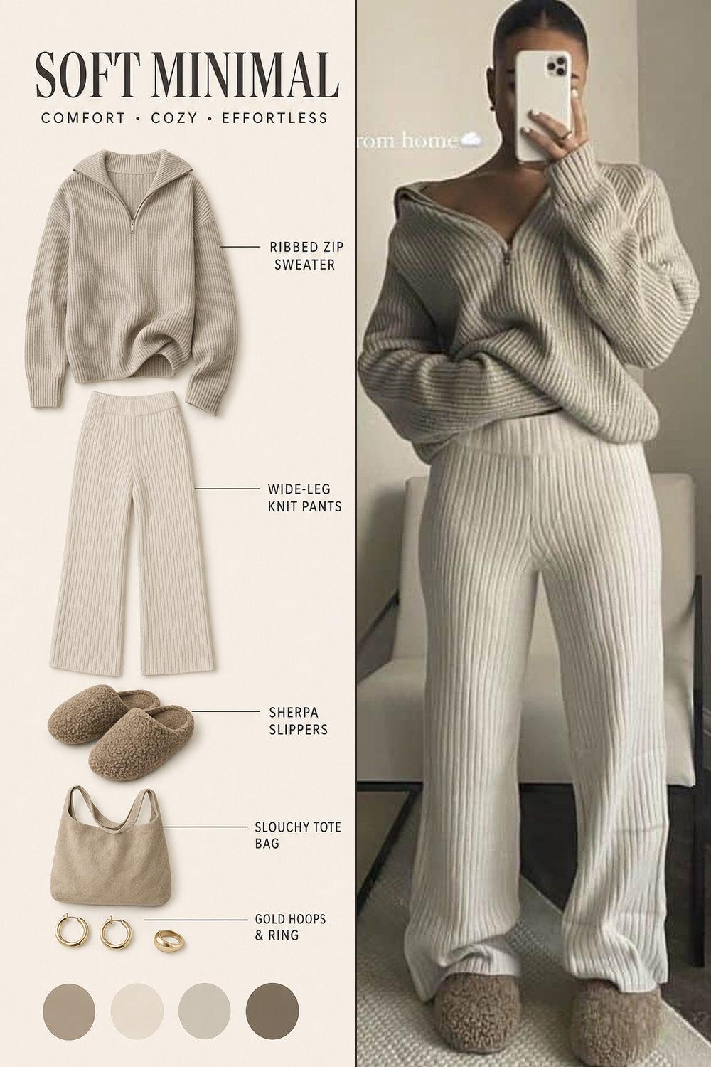 Oversized Sweater Outfit Infographic 04 Two-panel oversized sweater outfit infographic with ribbed zip sweater, wide-leg knit pants, sherpa slippers, neutral tote, and the original lounge outfit photo. | Sky Rye Design Two-panel oversized sweater outfit infographic with ribbed zip sweater, wide-leg knit pants, sherpa slippers, neutral tote, and the original lounge outfit photo.
