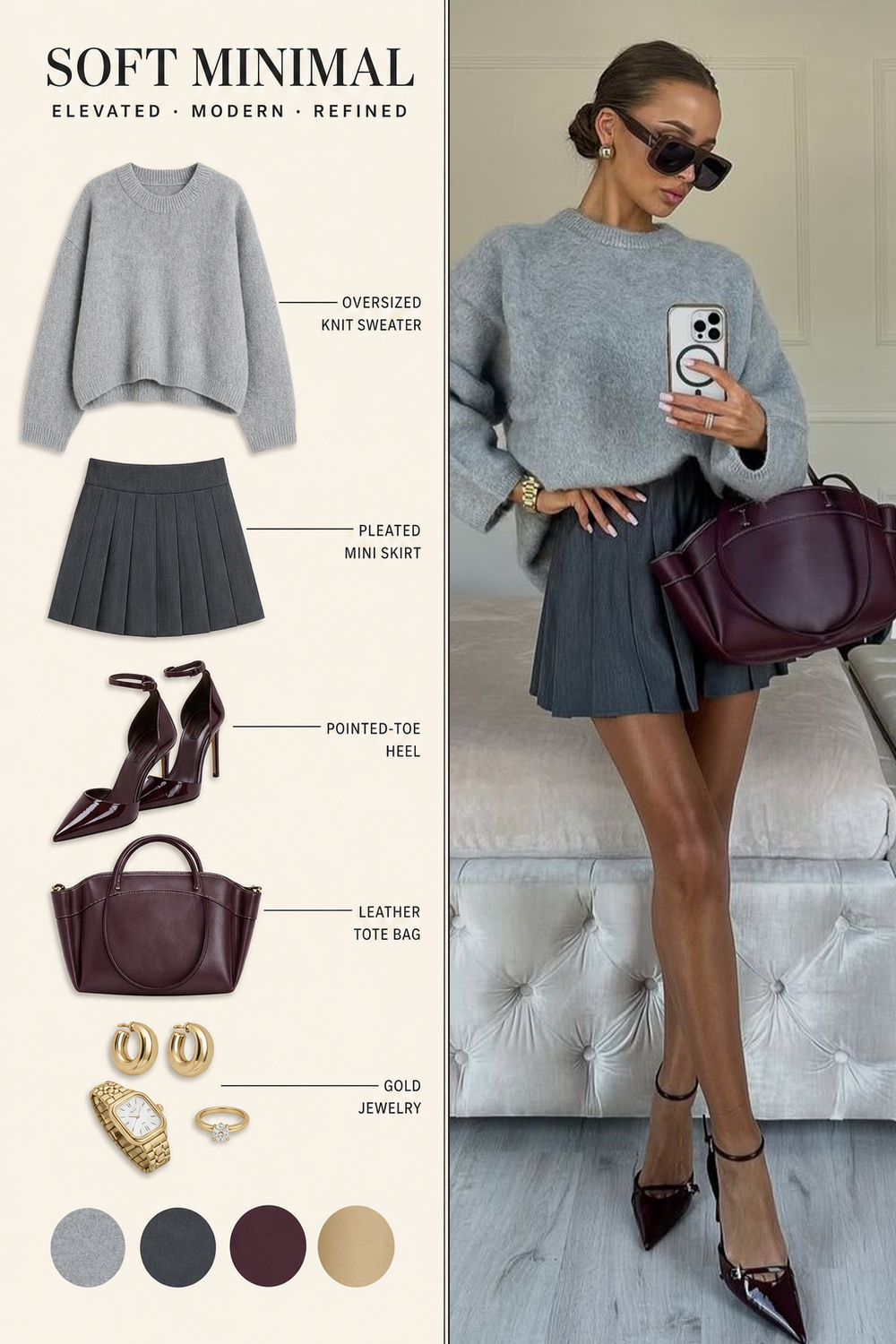 Oversized Sweater Outfit Infographic 05 Two-panel oversized sweater outfit infographic with gray knit sweater, pleated mini skirt, burgundy heels and tote, gold jewelry, and the original dressy outfit photo. | Sky Rye Design Two-panel oversized sweater outfit infographic with gray knit sweater, pleated mini skirt, burgundy heels and tote, gold jewelry, and the original dressy outfit photo.