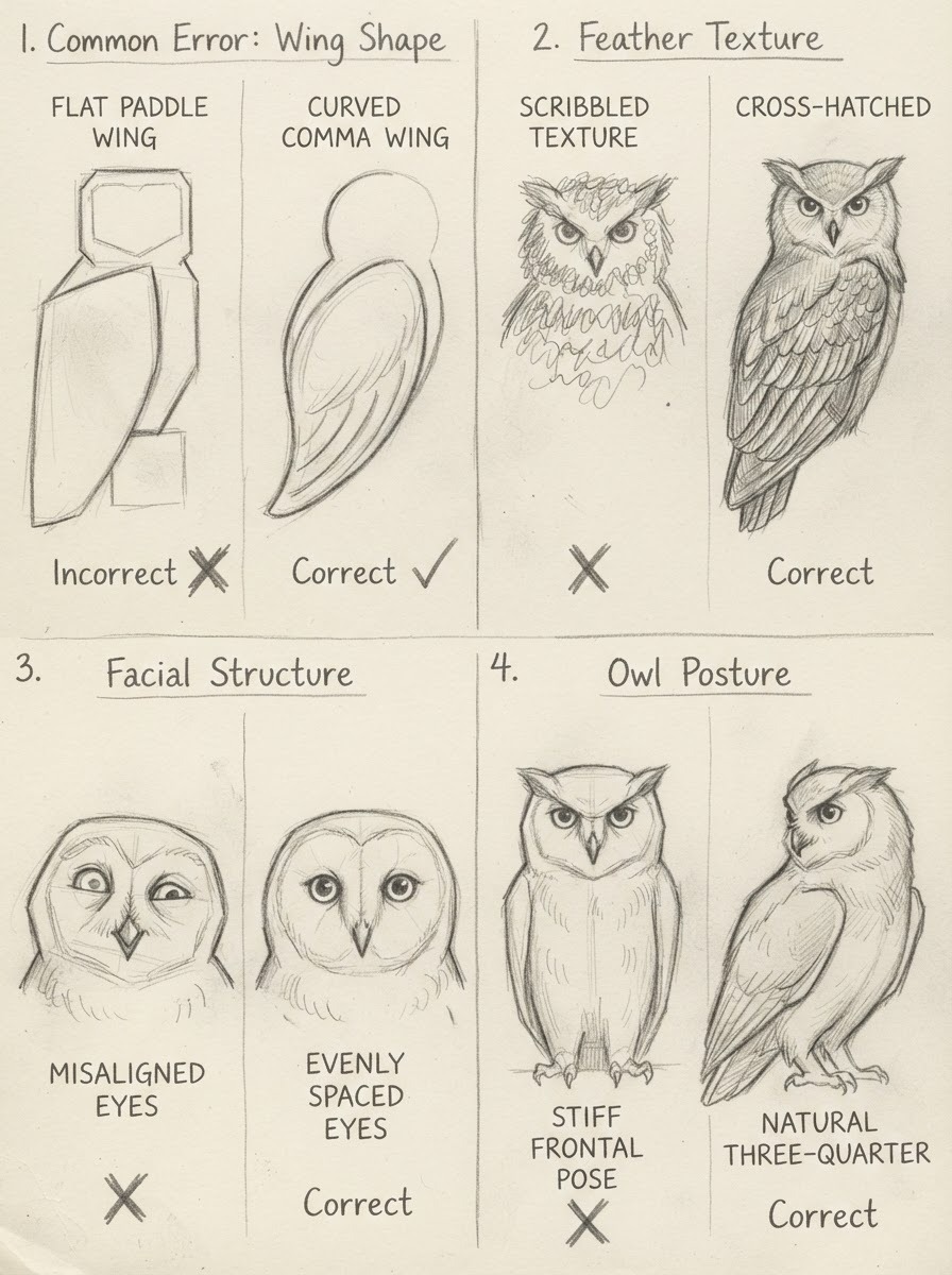 Four-panel comparison of common owl drawing mistakes and their fixes, wings, feathers, eyes, and pose