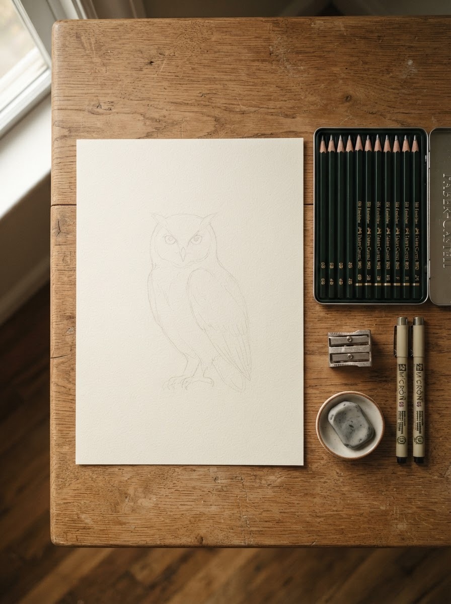 Flatlay of graphite pencils, fine-liner pens, and textured paper used for an owl drawing tutorial
