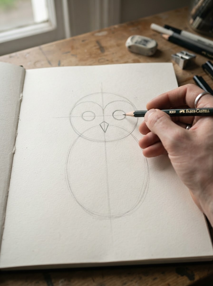 Pencil construction lines showing the head circle, body oval, and eye placement for an owl drawing