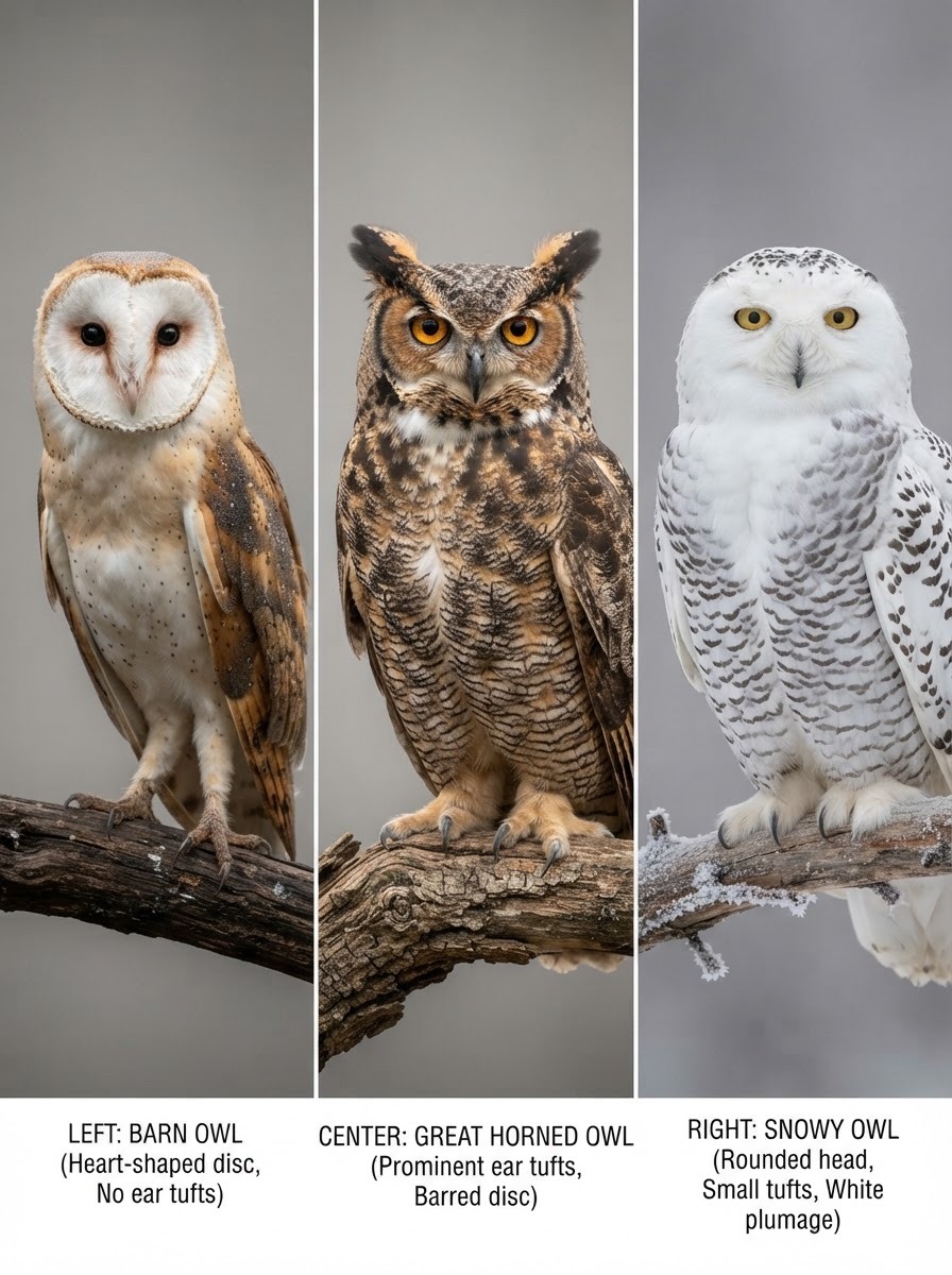 Side-by-side comparison photo of a barn owl, great horned owl, and snowy owl showing facial disc and ear tuft differences
