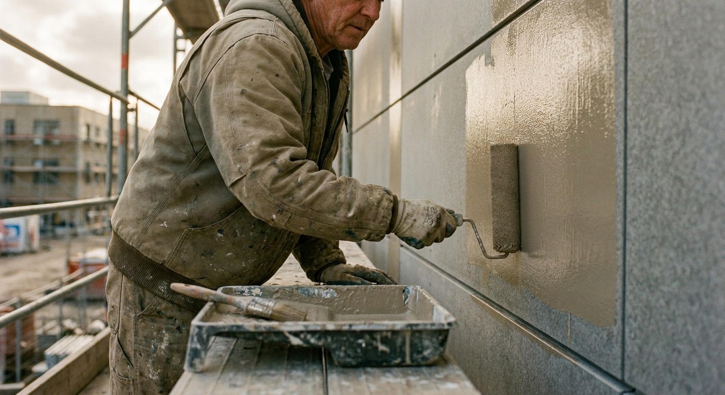 Painter Applying a Satin Exterior Finish Painter applying a satin exterior finish to a commercial facade panel with roller and paint tray visible | Sky Rye Design Painter applying a satin exterior finish to a commercial facade panel with roller and paint tray visible
