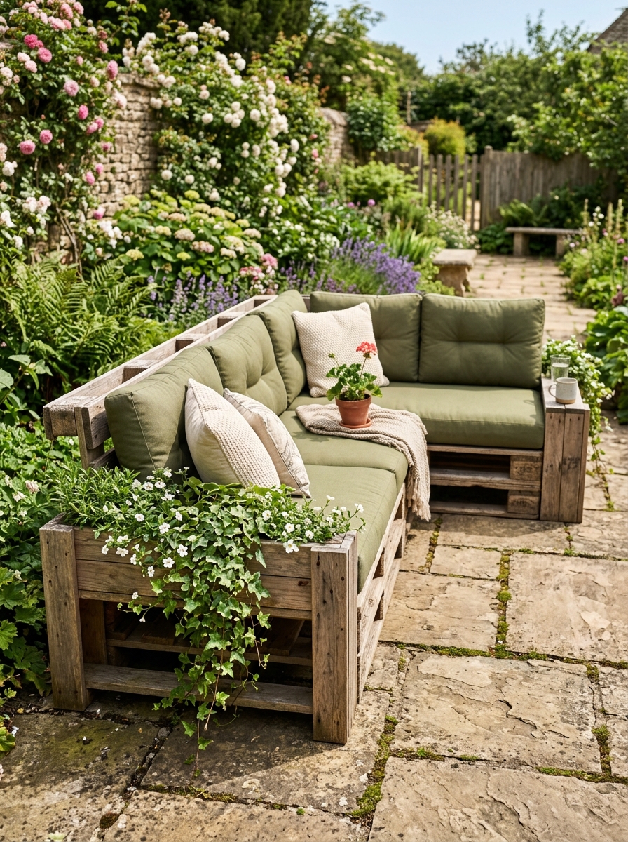 Pallet sofa with built-in planter sides Wooden pallet sofa with olive-green cushions in a lush garden patio, with a small potted geranium on a throw blanket. | Sky Rye Design Outdoor garden pallet sofa with integrated planters on the armrests growing ivy