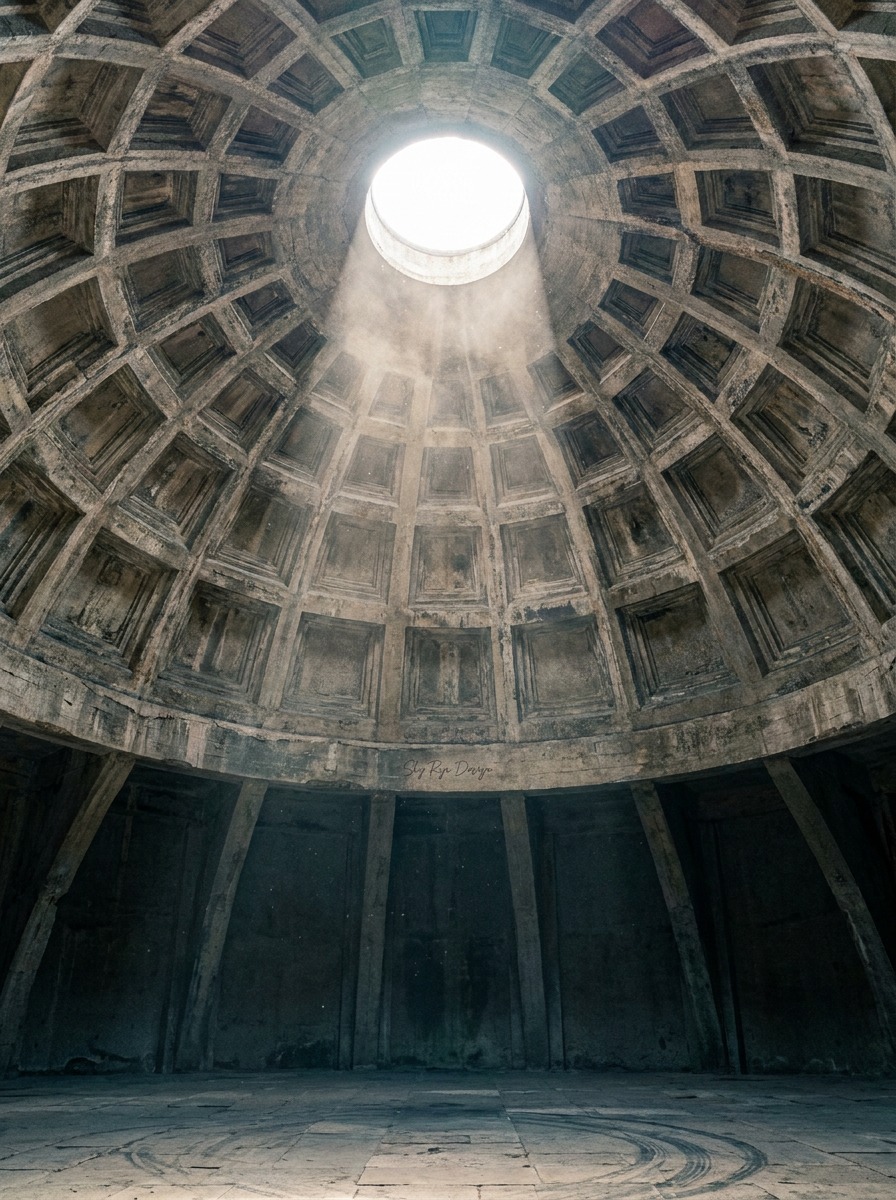 Domed rotunda interior with sunlight falling through an oculus onto weathered stone.