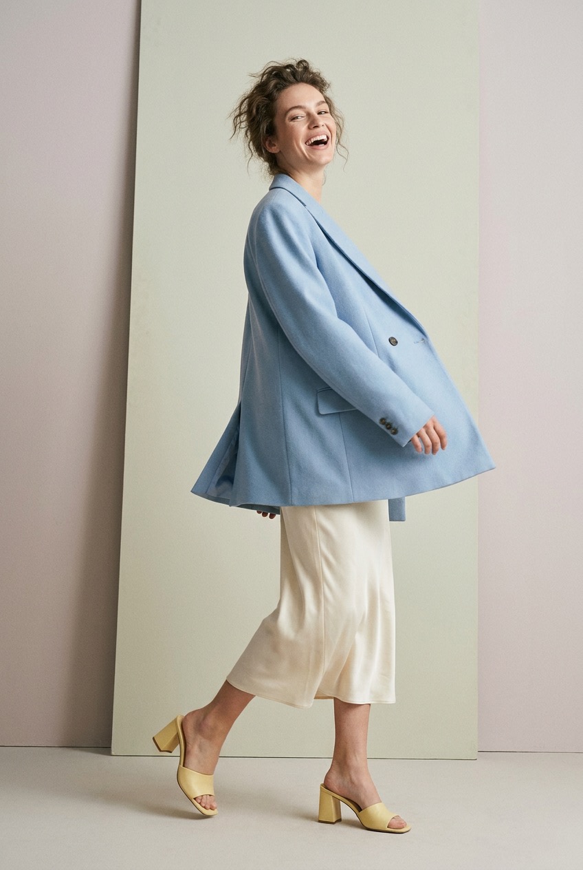 Pastel outfit ideas editorial hero Pastel outfit ideas with powder blue blazer and cream slip dress | Sky Rye Design Pastel outfit ideas with powder blue blazer and cream slip dress