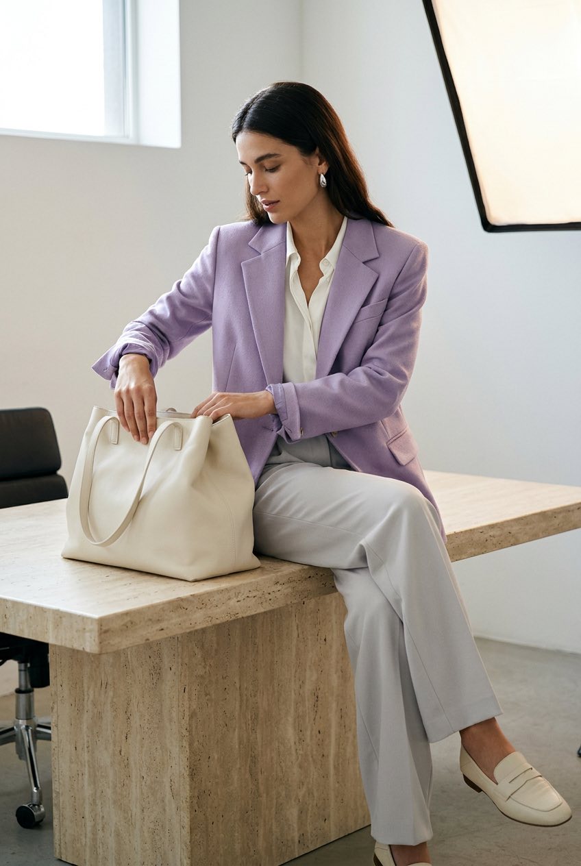 Lavender pastel office outfit Lavender blazer pastel office outfit with cream tote | Sky Rye Design Lavender blazer pastel office outfit with cream tote