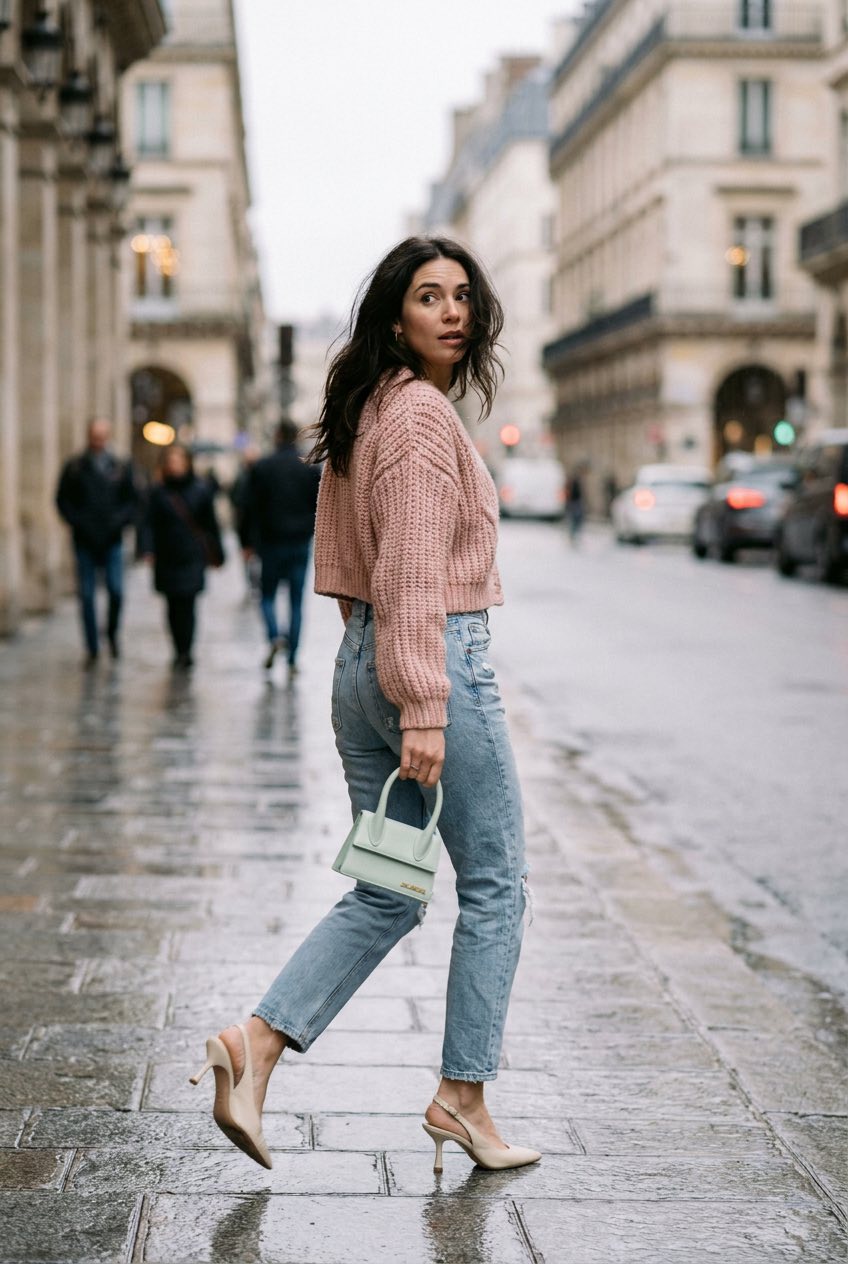 Pastel street outfit with blush cardigan Blush pink cardigan pastel street outfit with mint mini bag | Sky Rye Design Blush pink cardigan pastel street outfit with mint mini bag