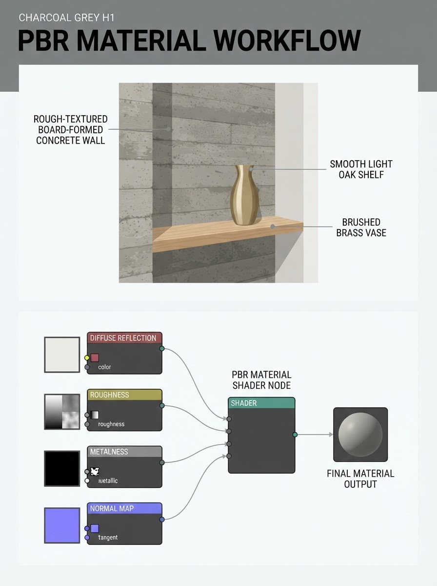 PBR Material Shader Node Workflow Layout Infographic Two-panel infographic: Top panel shows a wall detail with rough concrete, oak shelf, and brushed brass; bottom panel shows a 2D PBR material map node flow chart. | Sky Rye Design Two-panel infographic: Top panel shows a wall detail with rough concrete, oak shelf, and brushed brass; bottom panel shows a 2D PBR material map node flow chart.