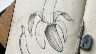 A sketchbook construction study of a peeled banana with curled peel strips and visible guide lines.