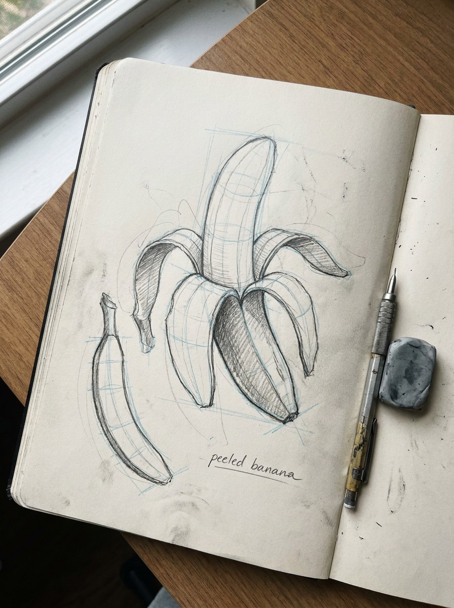 Peeled banana construction sketch A sketchbook construction study of a peeled banana with curled peel strips and visible guide lines. | Sky Rye Design A sketchbook construction study of a peeled banana with curled peel strips and visible guide lines.