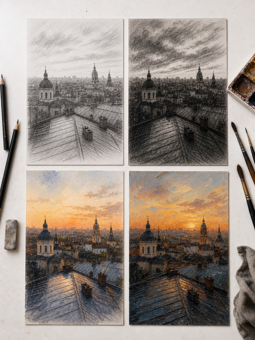 Four variants of one reference photo shown as pencil, charcoal, watercolor, and oil conversions.