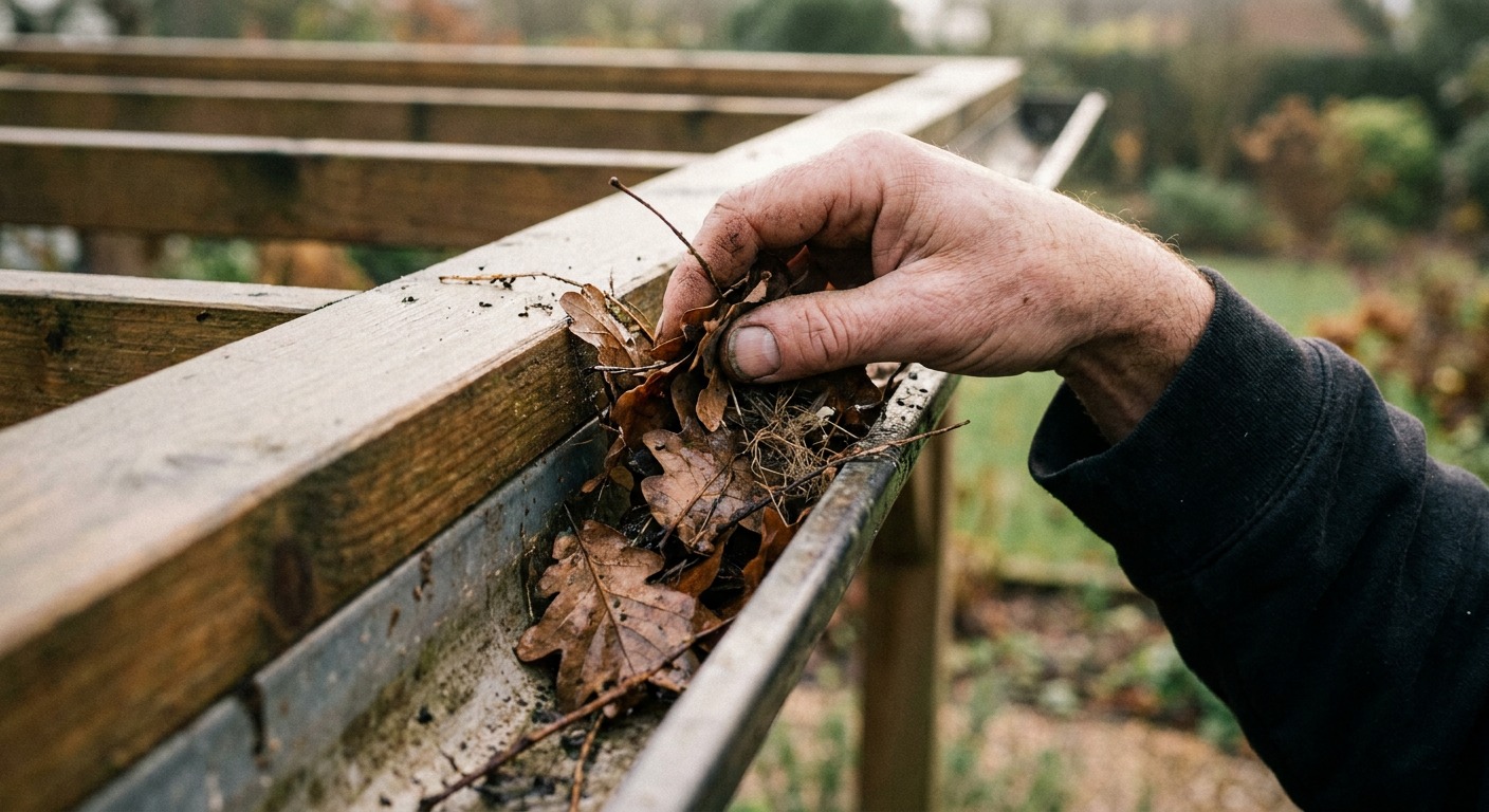 Hand clearing leaves and debris from a pergola's integrated gutter channel during a maintenance check