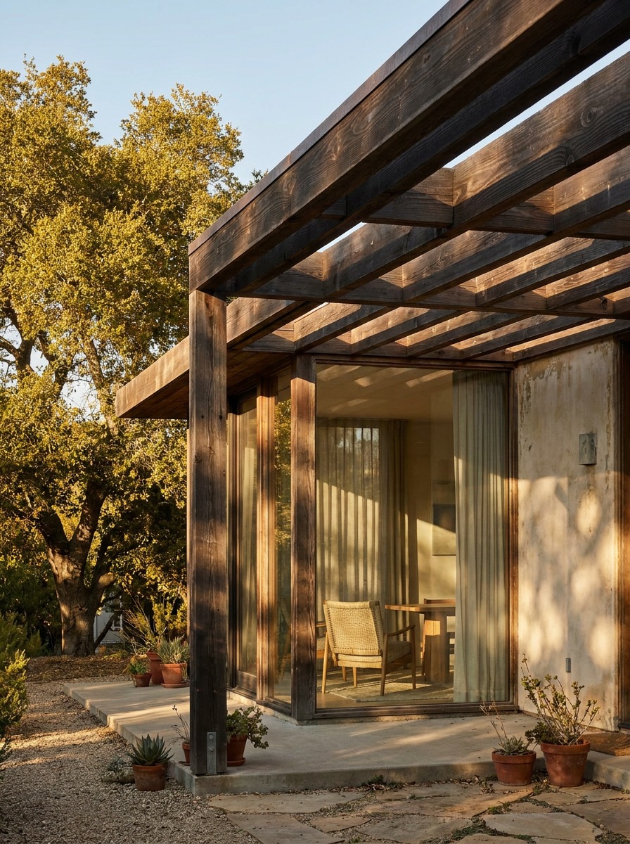 A deep pergola casts geometric shadows across a shaded patio window in late afternoon light.