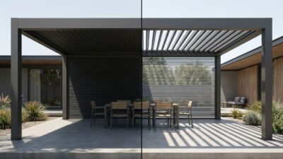 Split view of the same louvered pergola showing blades closed on one side and fully open on the other