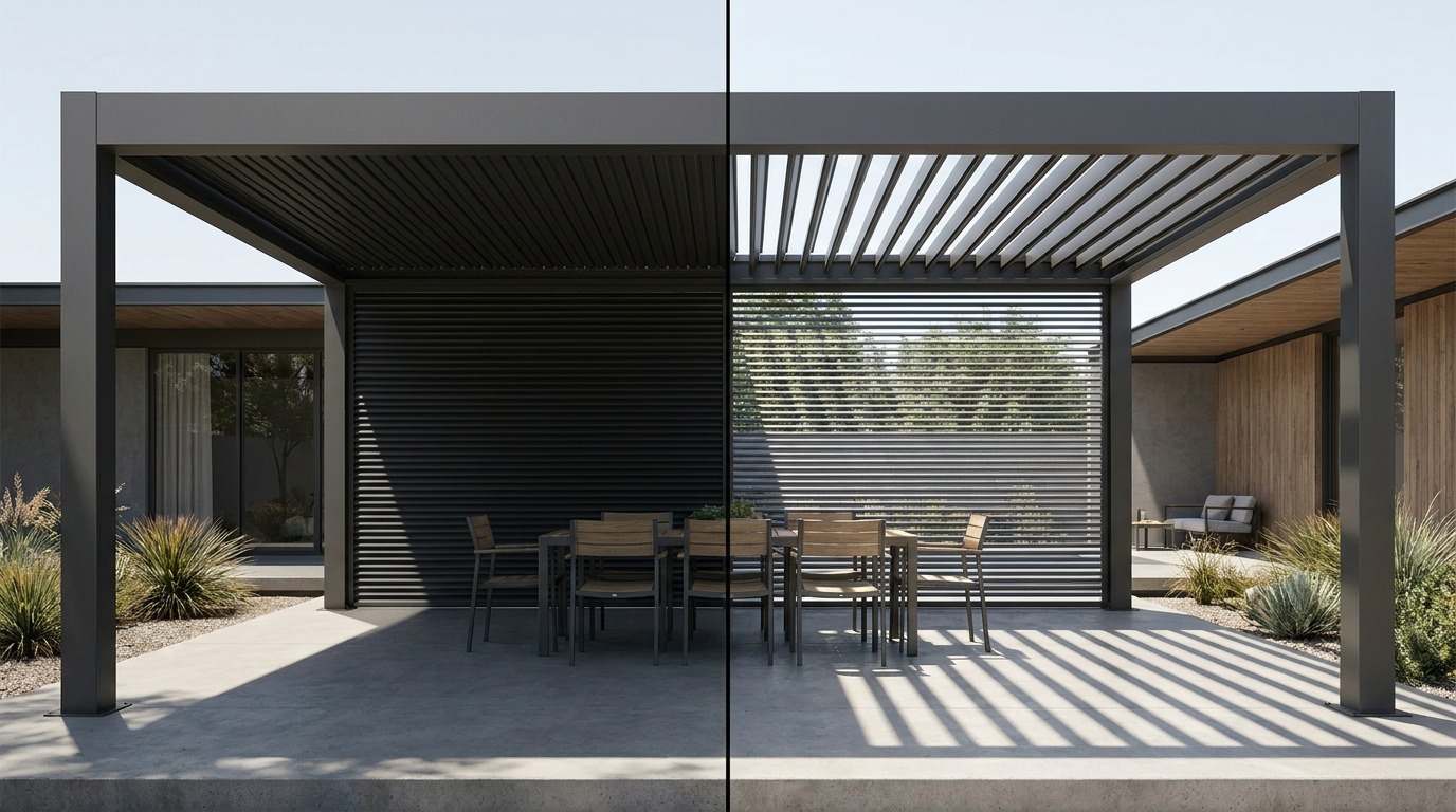 Split view of the same louvered pergola showing blades closed on one side and fully open on the other