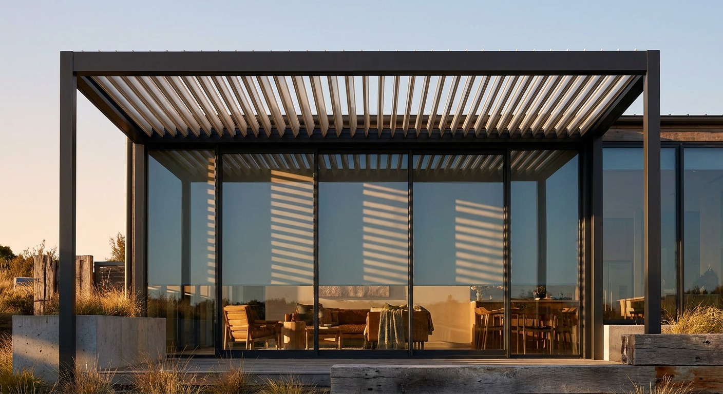 Louvered pergola shadow pattern falling across a large west-facing glass wall to reduce glare