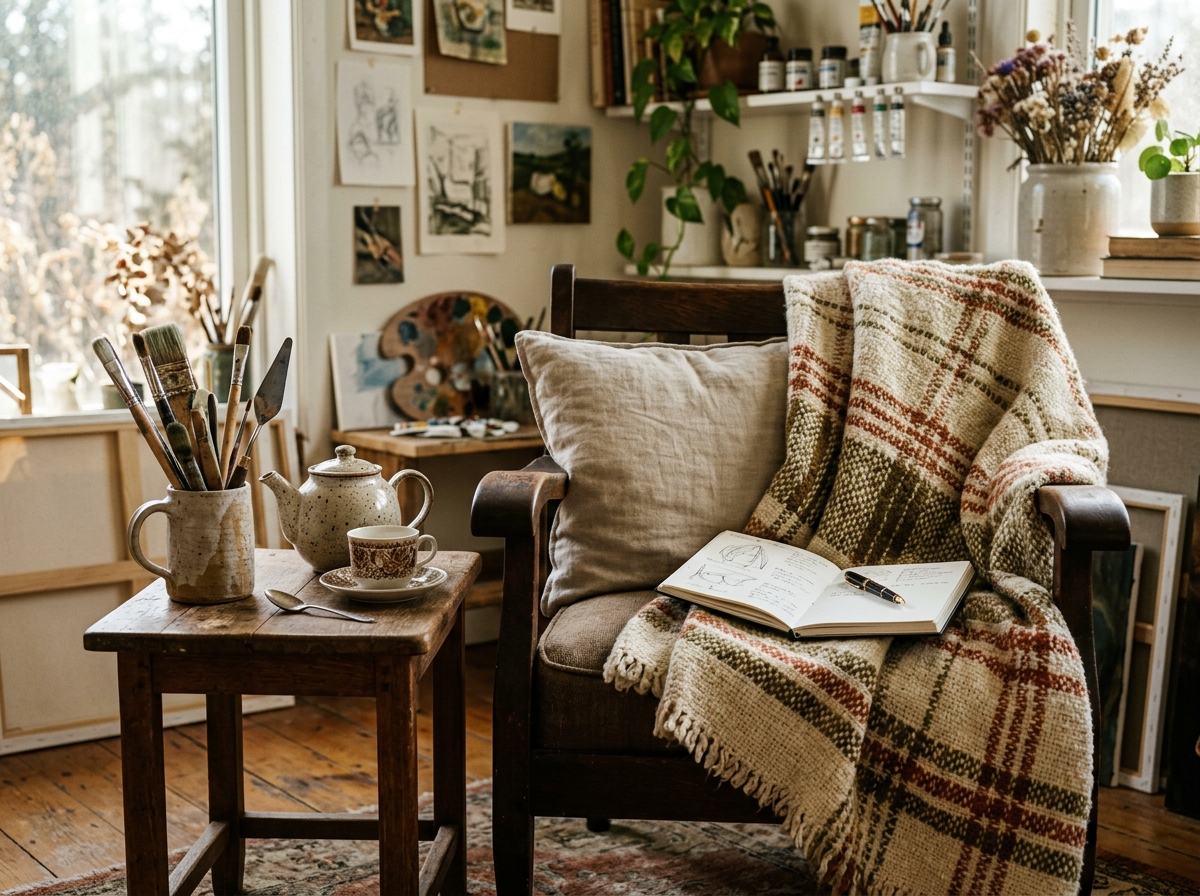 Personalized Art Studio Reading Corner A cozy personalized art studio reading corner featuring a woven throw blanket on a chair, paintbrushes in a ceramic mug, and a tea set. | Sky Rye Design A cozy personalized art studio reading corner featuring a woven throw blanket on a chair, paintbrushes in a ceramic mug, and a tea set.