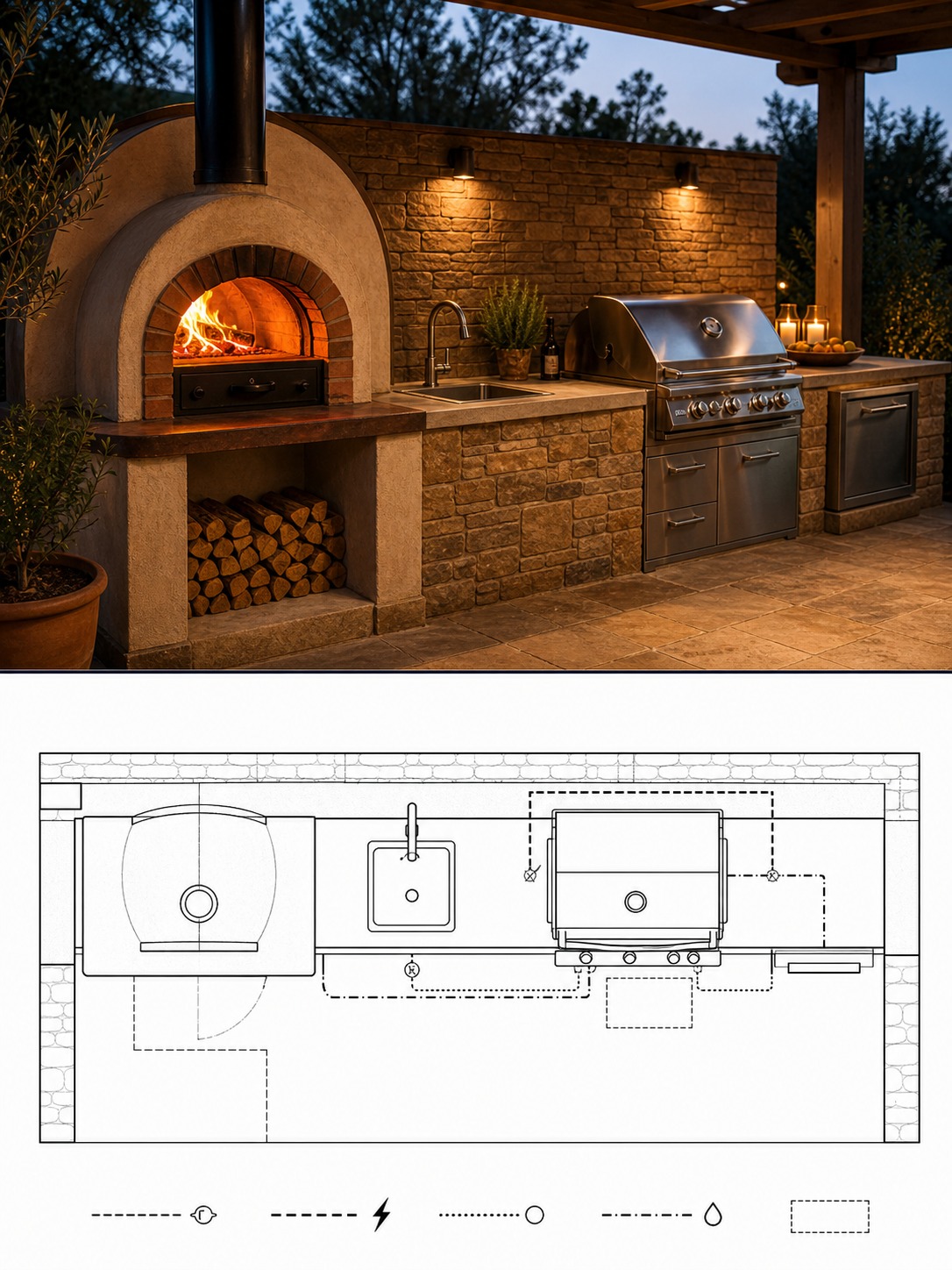 Split reference image showing an outdoor kitchen with a pizza oven, grill station, and utility plan.