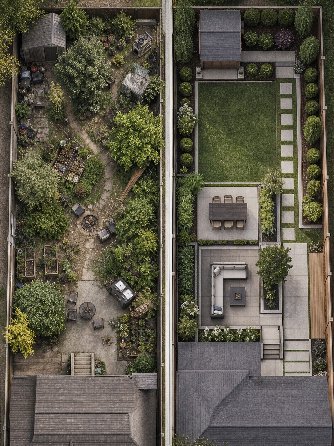 Plant-first yard layout compared with zoned backyard design A comparison diagram showing a cluttered plant-first yard beside a more organized zoned backyard layout. | Sky Rye Design A comparison diagram showing a cluttered plant-first yard beside a more organized zoned backyard layout.