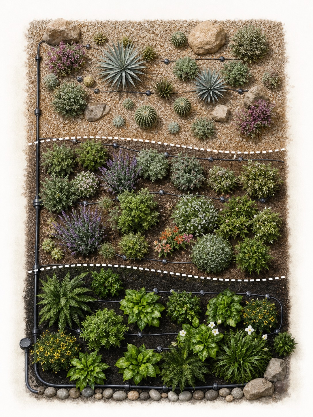 Plant groupings organized by irrigation water needs An instructional plant grouping diagram organized from drought-tolerant to moisture-loving irrigation zones. | Sky Rye Design An instructional plant grouping diagram organized from drought-tolerant to moisture-loving irrigation zones.