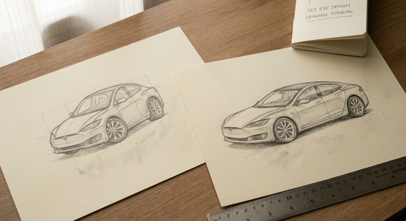 Two police car sketches compare toy-like wheel spacing with corrected wheelbase proportions.