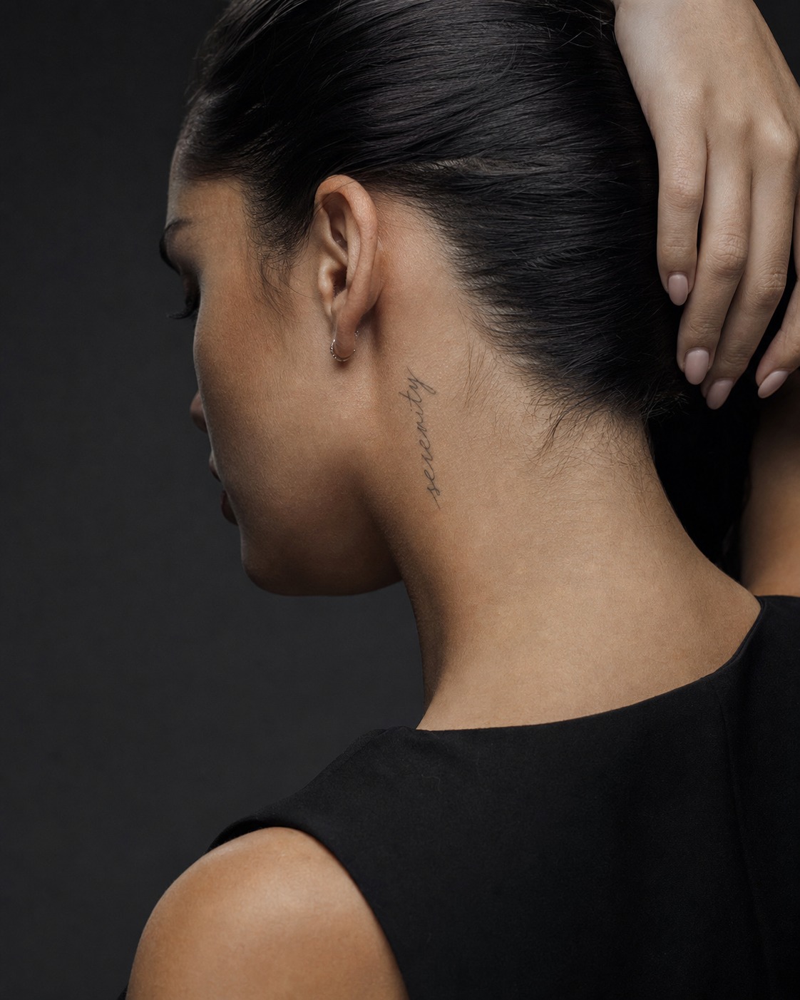 Serenity nape word tattoo Serenity word tattoo behind the ear and along the nape in delicate script lettering. | Sky Rye Design Serenity word tattoo behind the ear and along the nape in delicate script lettering.