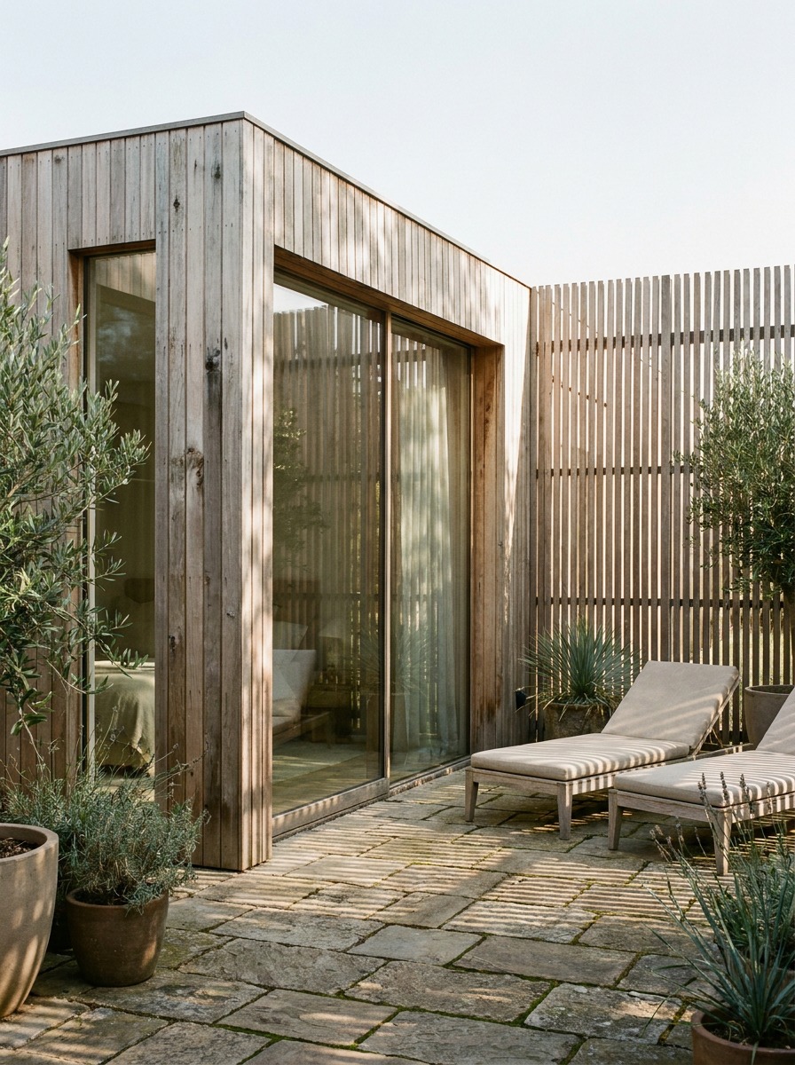 Primary suite addition opening onto a screened private courtyard Ground-floor primary suite addition opening to a private courtyard screened by cedar slats. | Sky Rye Design Ground-floor primary suite addition opening to a private courtyard screened by cedar slats.