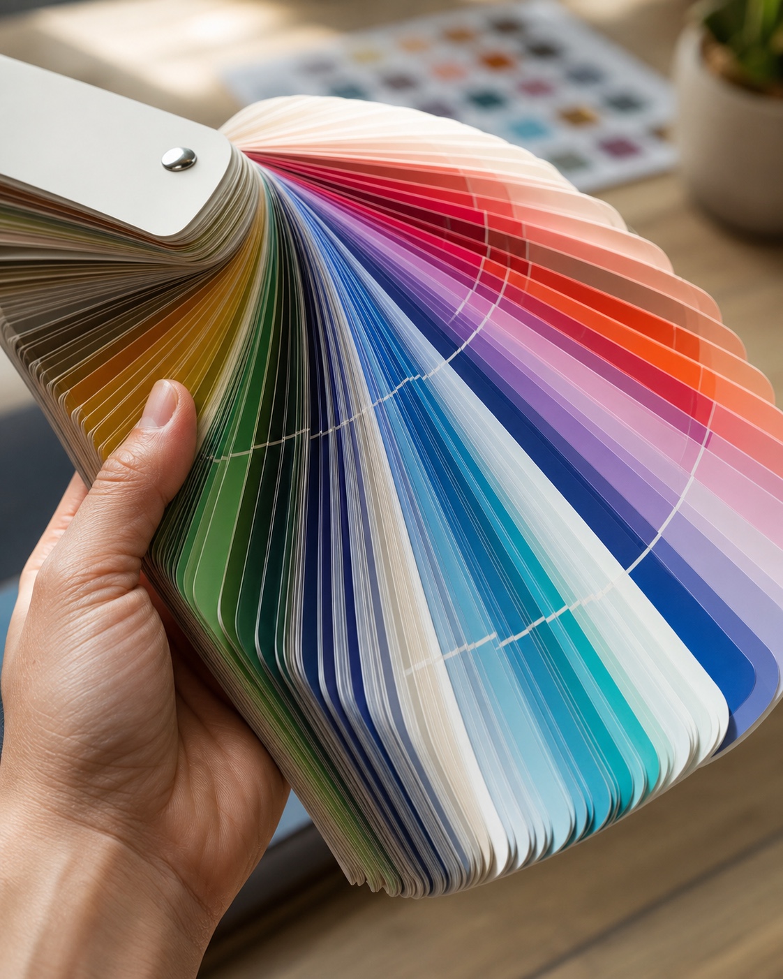 Pantone swatch book fanned open Hand holding a fanned color swatch deck with a rainbow gradient of cards for choosing colors. | Sky Rye Design Fanned color swatch book held by a designer for checking print color choices.