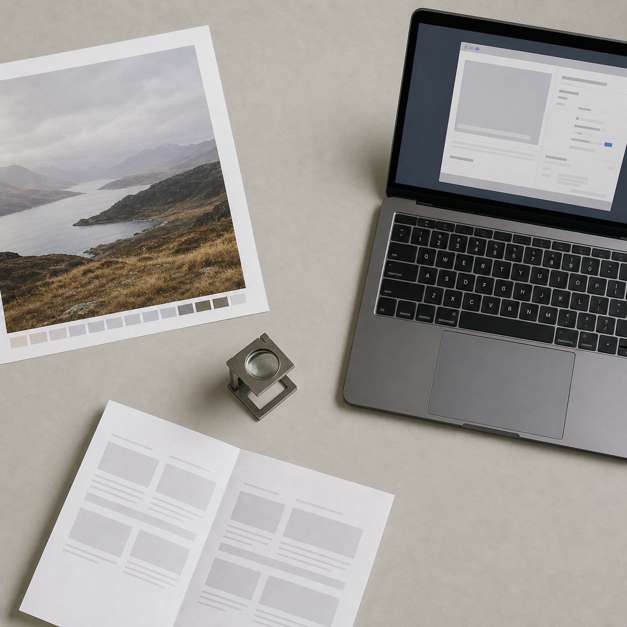 Print-ready file checklist flat lay Prepress checklist flat lay with a proof, loupe, note, and PDF export screen. | Sky Rye Design Prepress checklist flat lay with a proof, loupe, note, and PDF export screen.